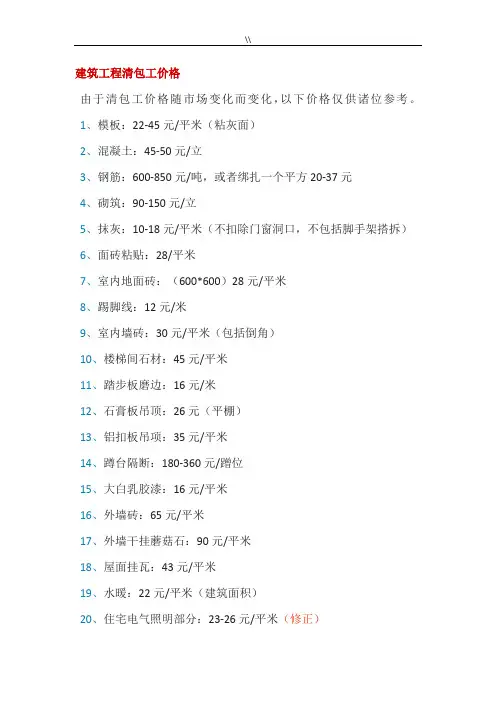 2018年度土建施工组织劳务价格