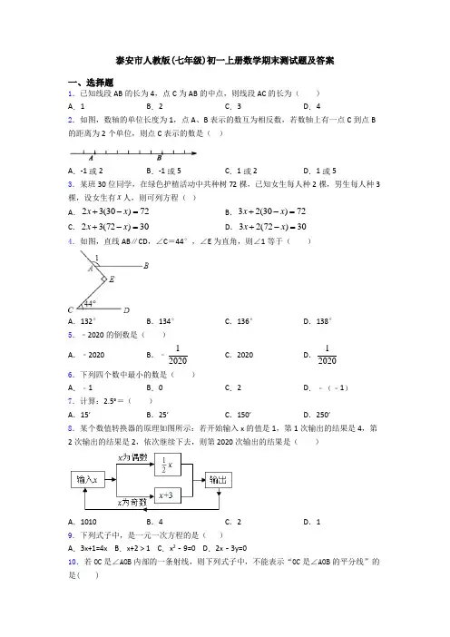 泰安市人教版(七年级)初一上册数学期末测试题及答案