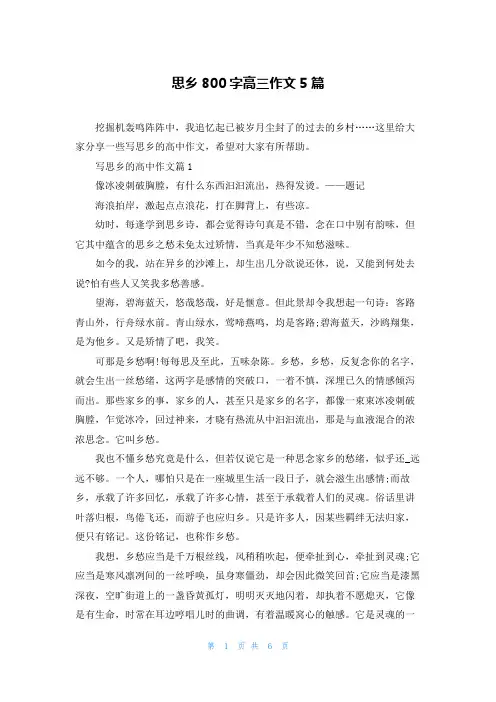 思乡800字高三作文5篇