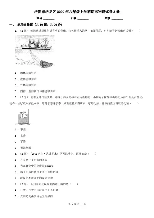 洛阳市洛龙区2020年八年级上学期期末物理试卷A卷