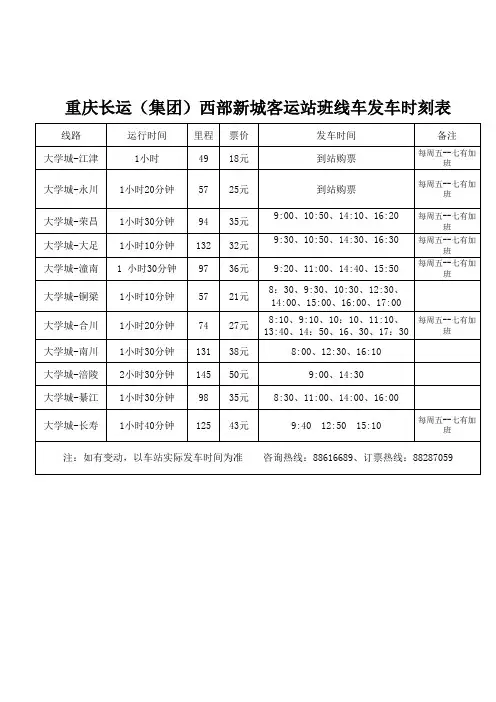 大学城车站发车时刻表(重庆内)