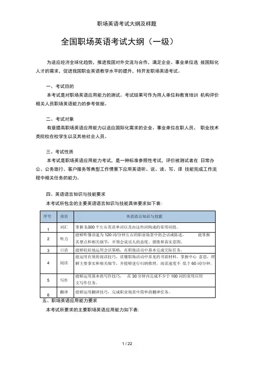 职场英语考试大纲及样题