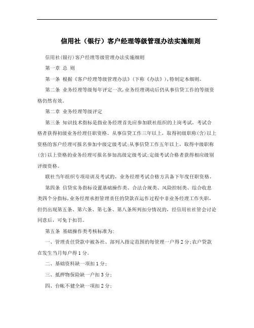 信用社(银行)客户经理等级管理办法实施细则