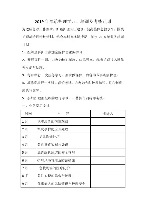 2019年急诊护理学习、培训及考核计划