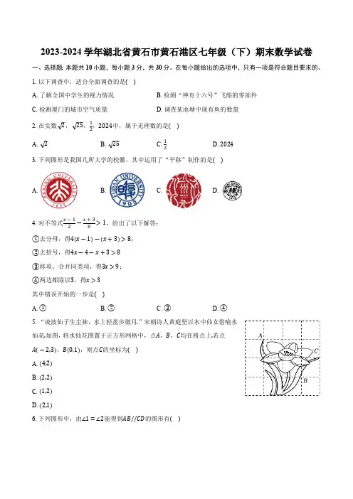湖北省黄石市黄石港区2023-2024学年七年级下学期期末质量检测数学试卷(含答案)