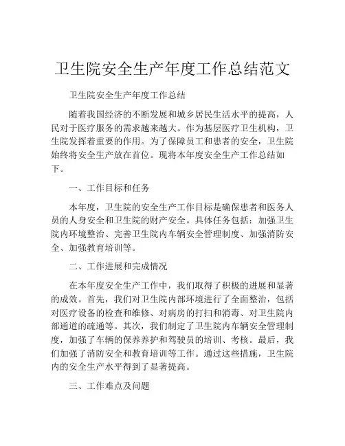 卫生院安全生产年度工作总结范文