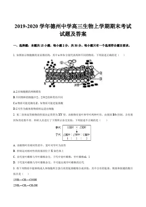 2019-2020学年德州中学高三生物上学期期末考试试题及答案