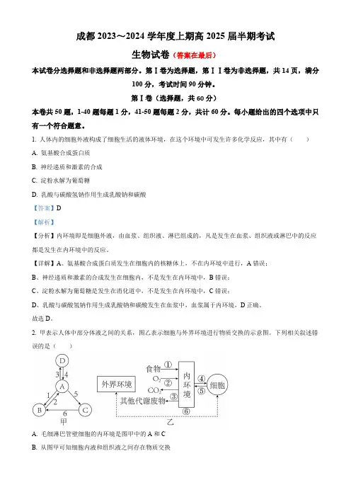 四川省成都市2023-2024学年高二上学期期中生物试题含解析