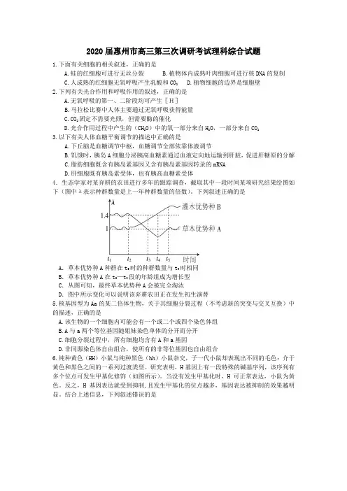广东省惠州市2020届高三第三次调研理科综合试题(word)