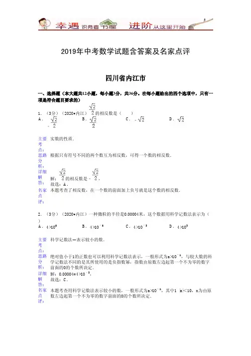 2019年中考数学试题含答案及名家点评：内江市