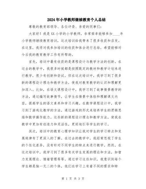 2024年小学教师继续教育个人总结