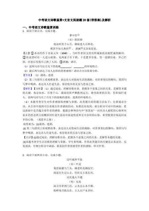 中考语文诗歌鉴赏+文言文阅读题20套(带答案)及解析