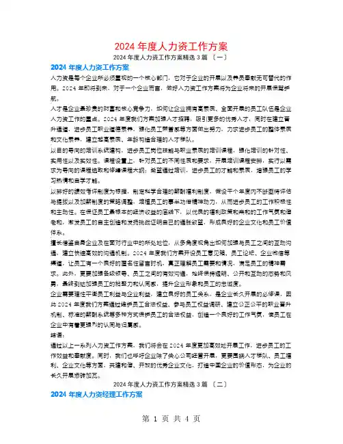 2024年度人力资源工作计划3篇