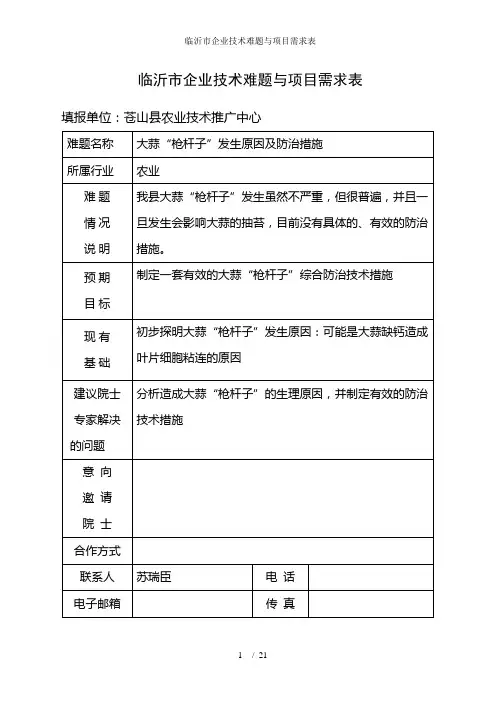 临沂市企业技术难题与项目需求表