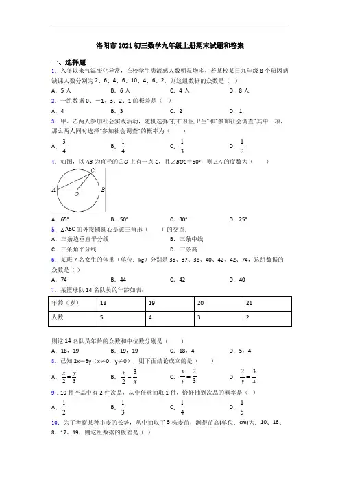 洛阳市2021初三数学九年级上册期末试题和答案