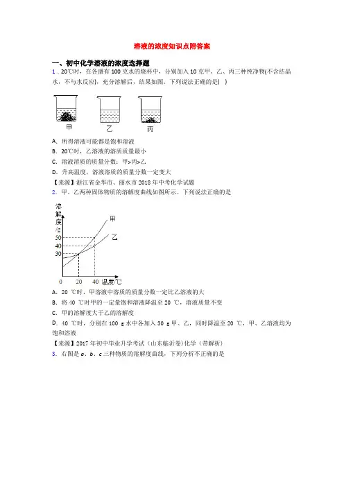 溶液的浓度知识点附答案