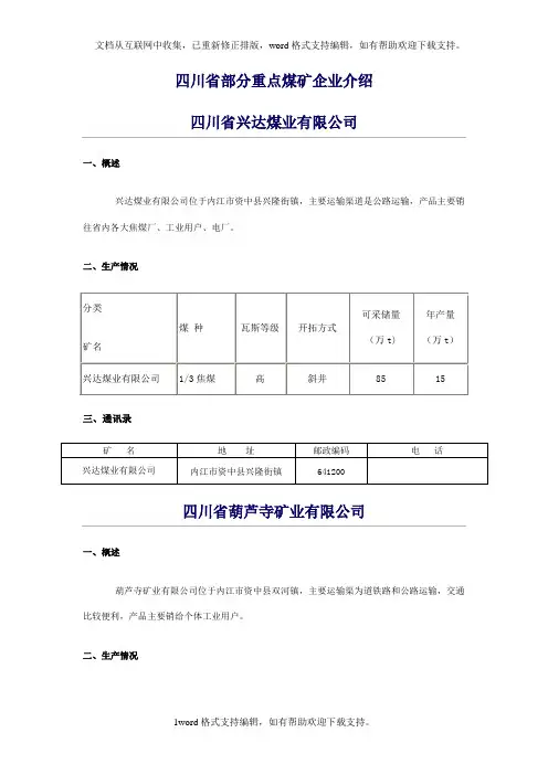 四川省部分重点煤矿企业介绍