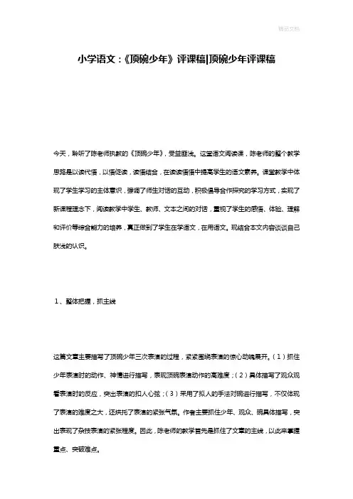 小学语文：《顶碗少年》评课稿-顶碗少年评课稿