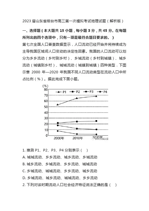 2023届山东省烟台市高三第一次模拟考试地理试题(解析版)