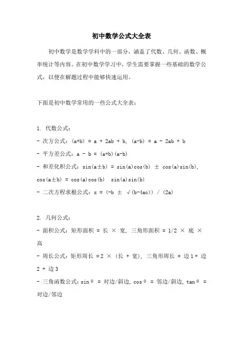 初中数学公式大全表