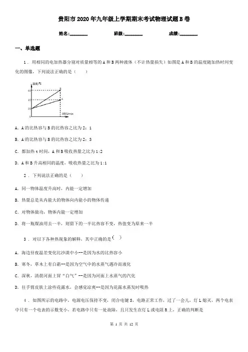 贵阳市2020年九年级上学期期末考试物理试题B卷
