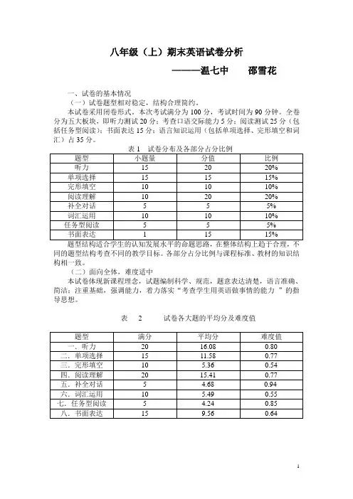 八年级(上)期末英语试卷分析