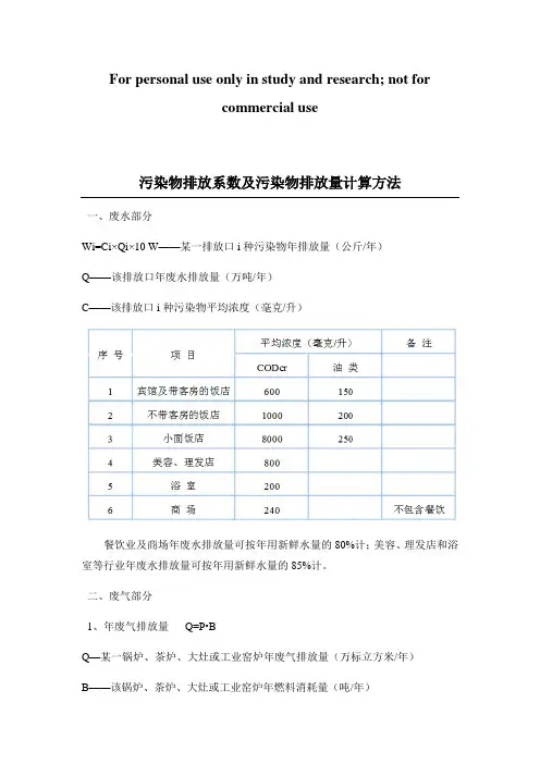 污染物排放系数及污染物排放量计算方法