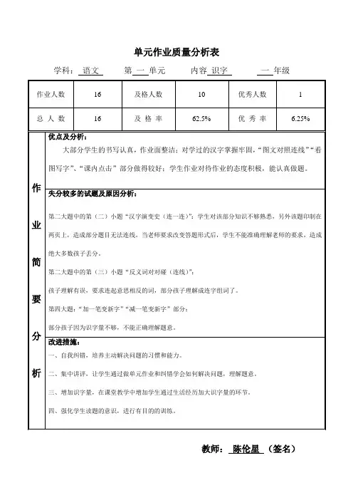 一年级语文上册第一单元作业质量分析