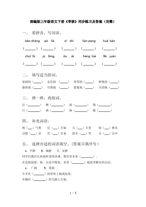 部编版三年级语文下册《枣核》同步练习及答案(完整)