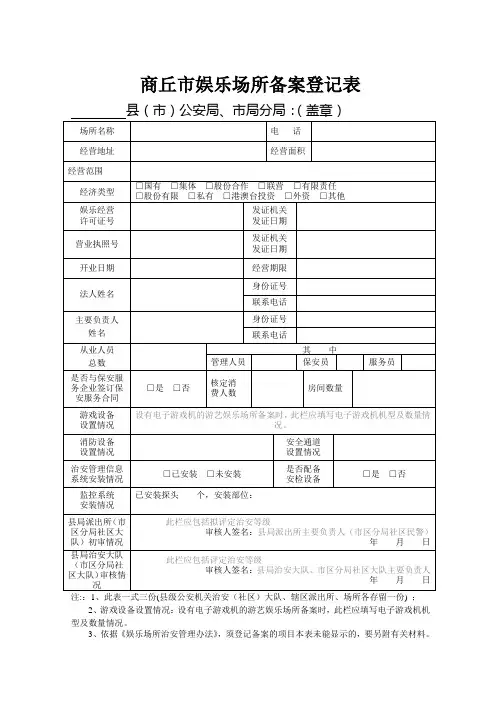商丘市娱乐场所备案登记表