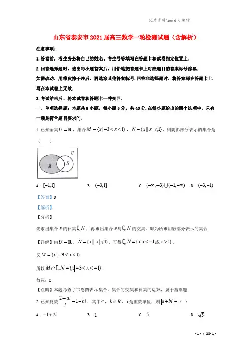 山东省泰安市2021届高三数学一轮检测试题(含解析).doc