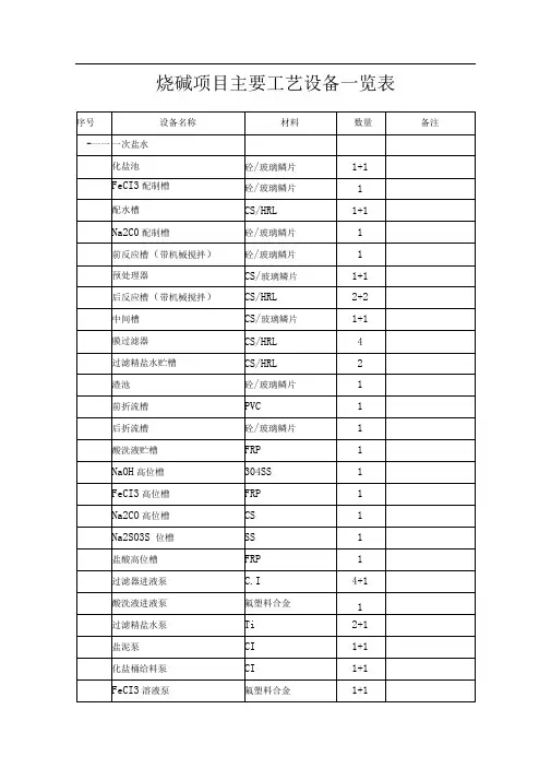 烧碱项目主要工艺设备一览表