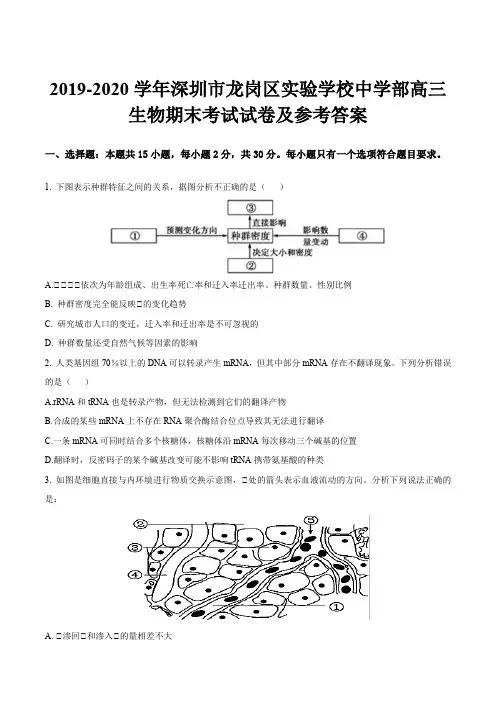 2019-2020学年深圳市龙岗区实验学校中学部高三生物期末考试试卷及参考答案