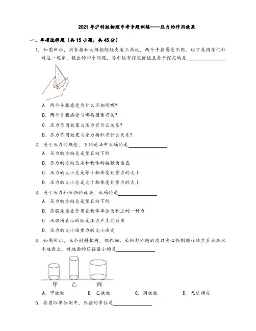 2021年沪科版物理中考专题训练——压力的作用效果(word版带答案)