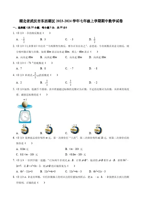 湖北省武汉市东西湖区2023-2024学年七年级上学期期中考试数学试卷(含解析)