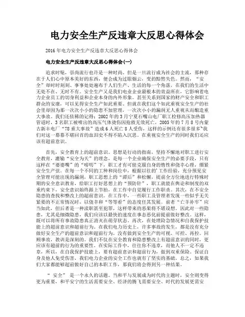 电力安全生产反违章大反思心得体会
