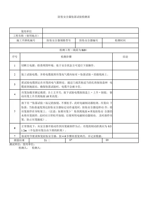 防坠安全器坠落试验检测表