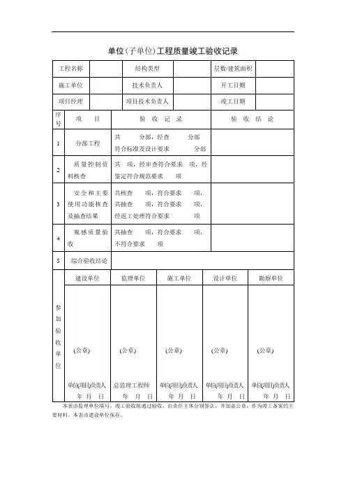 甬统表A06﹣3《单位(子单位)工程质量竣工验收记录》