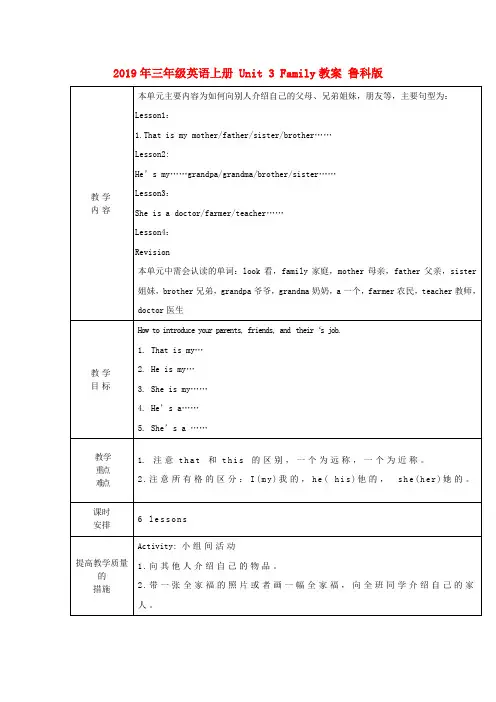 (小学教育)2019年三年级英语上册 Unit 3 Family教案 鲁科版