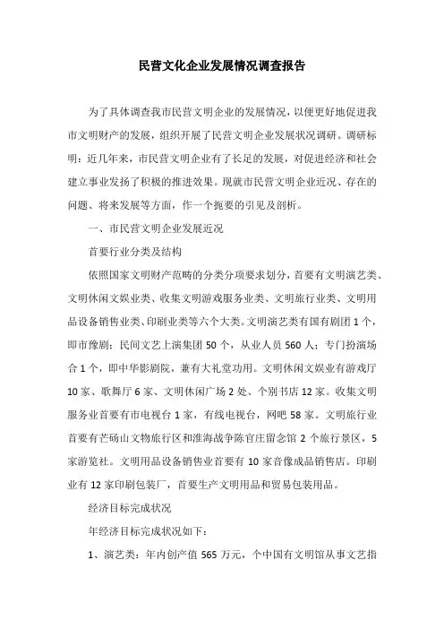 民营文化企业发展情况调查报告
