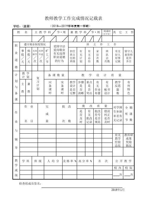 教师教学完成情况记载表--教师个人