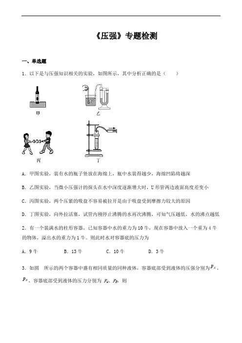 人教版初中物理2020中考复习专题《压强》专题检测(含解析)