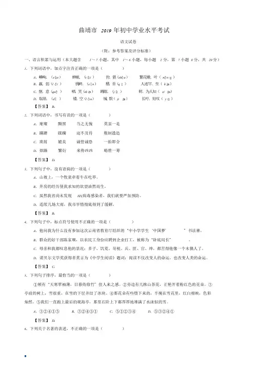 云南省曲靖市2019年初中学业水平考试语文有答案课件.doc