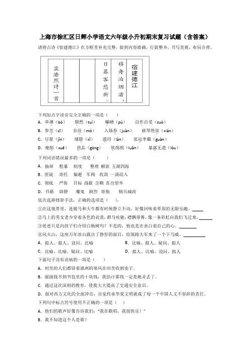 上海市徐汇区日辉小学语文六年级小升初期末复习试题(含答案)