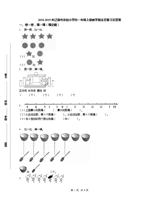 2018-2019年辽源市实验小学校一年级上册数学期末总复习无答案
