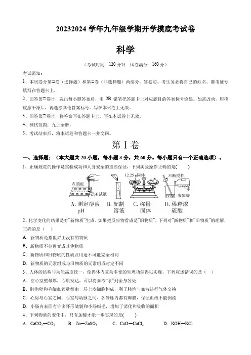 2023-2024学年九年级学期开学摸底考试卷(原卷版)A4
