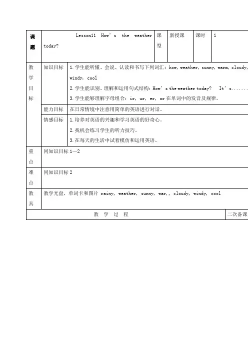 最新冀教版小学英语四年级下册Lesson11 How’s the weather today 公开课教学设计