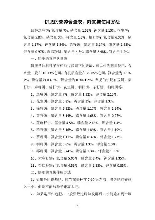 饼肥的营养含量表,附直接使用方法