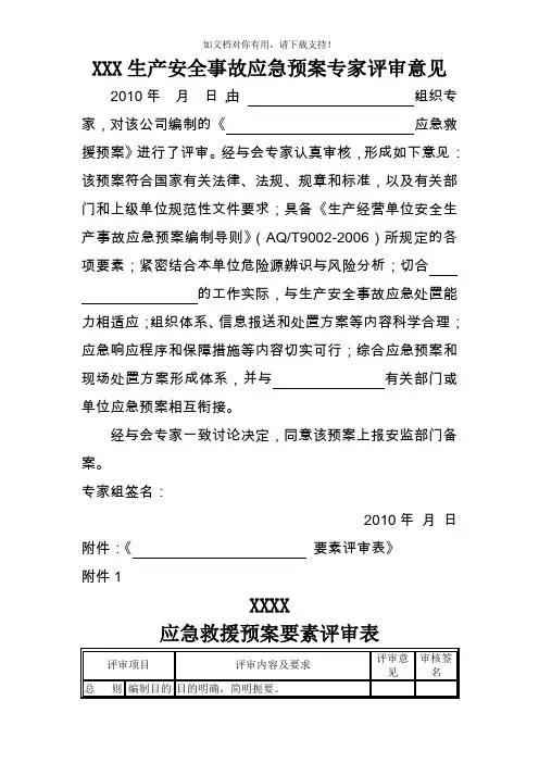 xx生产安全事故应急预案专家评审意见