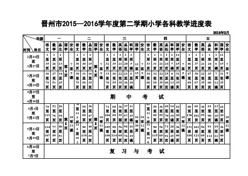小学进度表2016年春
